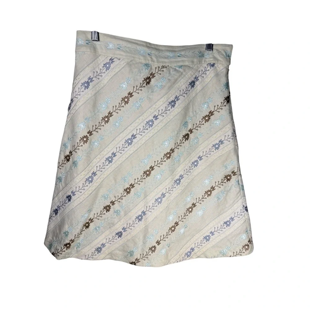 Sigrid Olsen Embroidered Linen A-Line Skirt Size 6 Boho Cottagecore